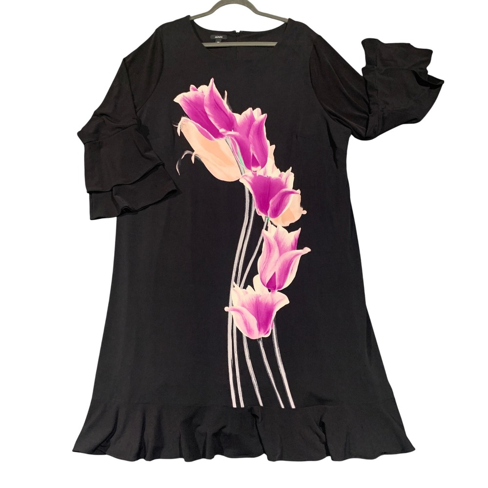 New Alfani Women's Midi Dress 22W Black Tulip Floral Ruffle Sleeve Hem Stretch